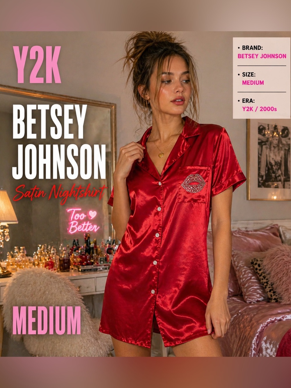 Betsey Johnson Red Satin Rhinestone Lips Nightshirt Y2K Medium